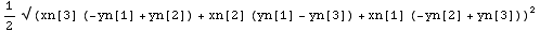 1/2 √ (xn[3] (-yn[1] + yn[2]) + xn[2] (yn[1] - yn[3]) + xn[1] (-yn[2] + yn[3]))^2