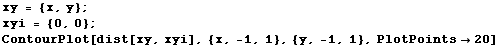 xy = {x, y} ; xyi = {0, 0} ; ContourPlot[dist[xy, xyi], {x, -1, 1}, {y, -1, 1}, PlotPoints -> 20] 