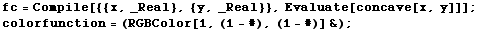 fc = Compile[{{x, _Real}, {y, _Real}}, Evaluate[concave[x, y]]] ; colorfunction = (RGBColor[1, (1 - #), (1 - #)] &) ; 