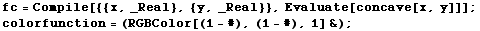 fc = Compile[{{x, _Real}, {y, _Real}}, Evaluate[concave[x, y]]] ; colorfunction = (RGBColor[(1 - #), (1 - #), 1] &) ; 